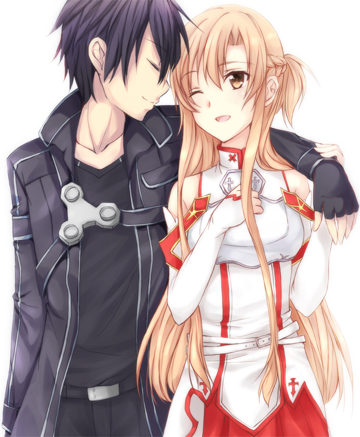 10s, 1boy, 1girl, armor, asuna_(sao), black_hair, breastplate, brown_eyes