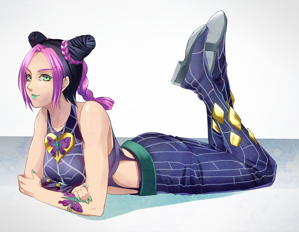 1girl, black_hair, blue_lips, braid, bug, butterfly, cone_hair_bun, double_bun, eto8931, female_focus, green_eyes, hair_bun, heart, insect, jojo_no_kimyou_na_bouken, kuujou_jolyne, lipstick, makeup, midriff, multicolored_hair, nail_polish, norun, pink_hair, solo, tattoo, two-tone_hair