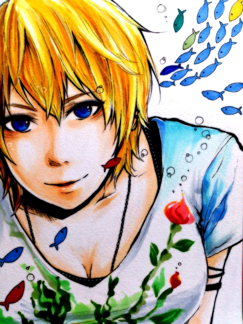 1girl, blonde_hair, blue_eyes, breasts, bubble, female_focus, fish, highres