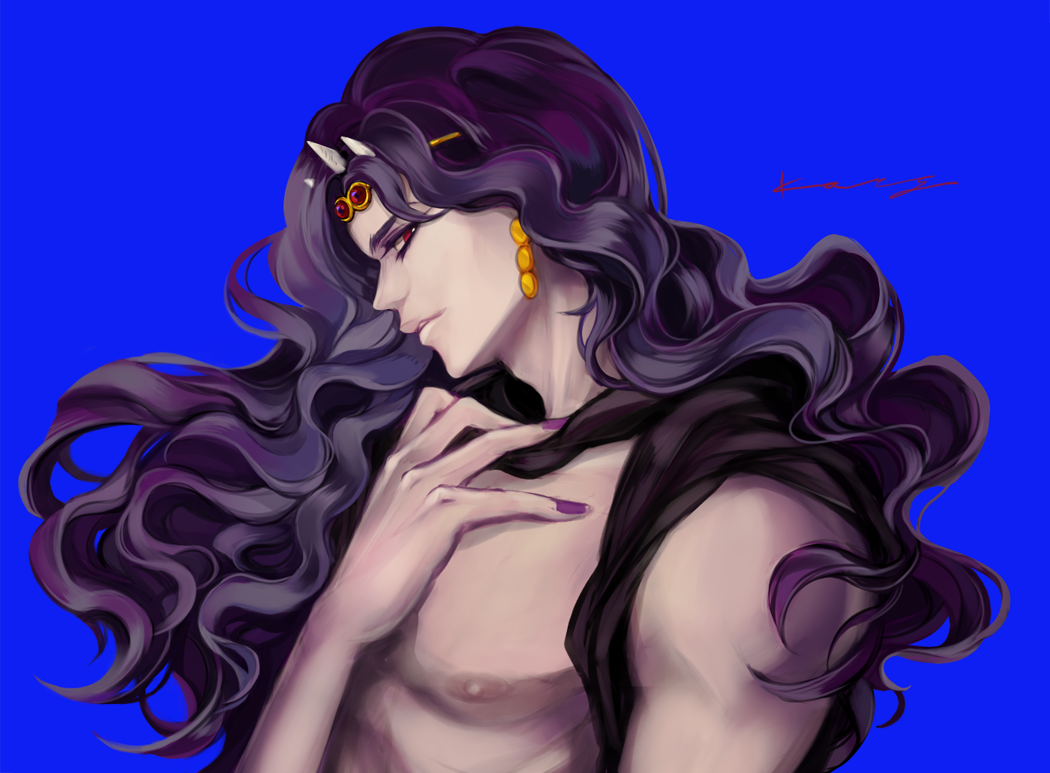 1boy, blue_background, circlet, deyamiro, earrings, horns, jewelry, jojo_no_kimyou_na_bouken