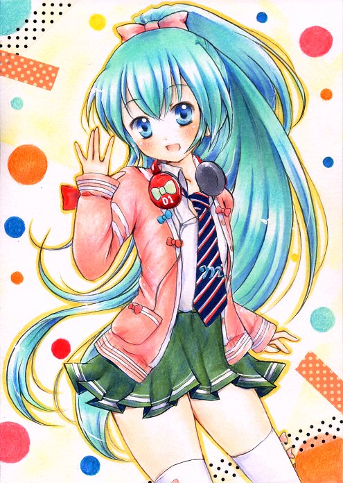 1girl, aqua_eyes, aqua_hair, female_focus, hatsune_miku, hatsune_miku_(ribbon_girl), headphones, headphones_around_neck