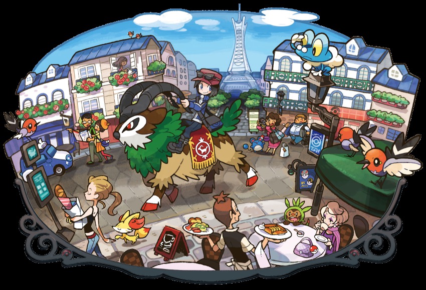 10s, 4boys, 5girls, baguette, bread, building, calem_(pokemon), car