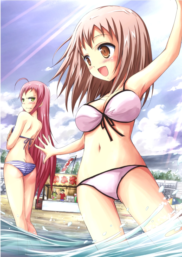 2boys, 2girls, ahoge, armpits, ashiya_shirou, beach, bikini, breast_envy, breasts, brown_eyes, brown_hair, cloud, day, food_stand, hataraku_maou-sama!, long_hair, maou_sadao, medium_breasts, midriff, multiple_boys, multiple_girls, navel, ocean, open_mouth, orange_hair, outdoors, red_hair, sasaki_chiho, saz, saz_(sazin764), short_hair, sign, sky, smile, swimsuit, tree, waves, yellow_eyes, yusa_emi