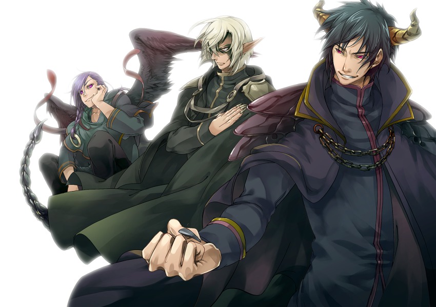 3boys, alciel_(hataraku_maou-sama!), ashiya_shirou, bad_id, bad_pixiv_id, cape, elf, glowing