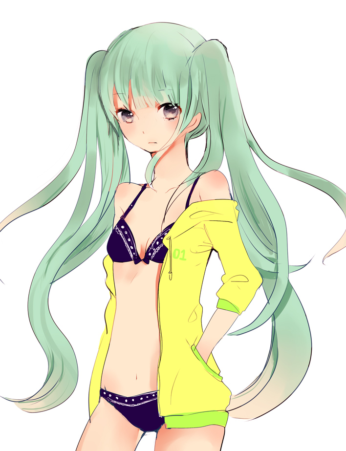 1girl, alternate_eye_color, bikini, black_bikini, female_focus, green_hair, hand_in_pocket, hatsune_miku, long_hair, macino, purple_eyes, solo, swimsuit, twintails, very_long_hair, vocaloid, white_background
