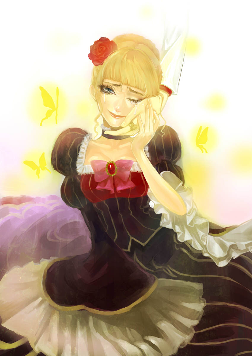 1girl, absurdres, beatrice_(umineko), blonde_hair, blue_eyes, bow, bug, butterfly, dress, female_focus, flower, hair_bun, hair_flower, hair_ornament, highres, insect, mushimegane333, ribbon, single_hair_bun, smile, solo, tears, umineko_no_naku_koro_ni, ushiromiya_battler