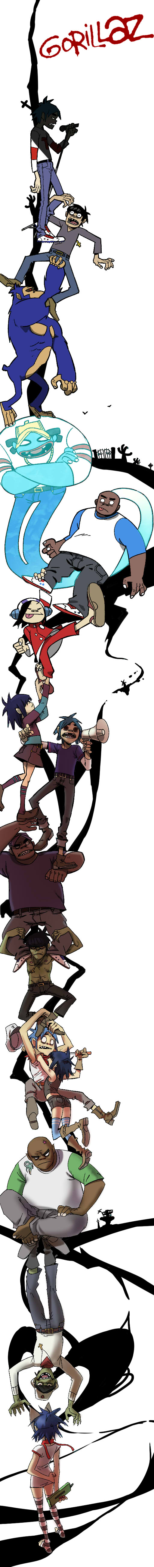 1girl, 3boys, a-ka, absurdres, bald, black_hair, blue_hair, boots, cigarette, cross, cross_necklace, denim, durarara!!, gorillaz, hair_over_eyes, hat, highres, inverted_cross, jeans, jewelry, long_image, megaphone, microphone, missing_tooth, multiple_boys, murdoc_niccals, necklace, noodle_(gorillaz), pants, parody, purple_hair, russel_hobbs, shirt, short_hair, smoking, stuart_pot, t-shirt, tall_image, trust_me_(durarara!!)