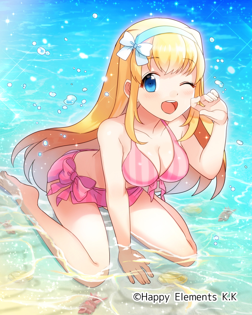 1girl, :d, ;d, arm_support, barefoot, beach, between_legs, bikini, bikini_skirt, blonde_hair, blue_eyes, breasts, cleavage, ensemble_girls!, female_focus, front-tie_top, hairband, hand_between_legs, highres, kobato_azusa, long_hair, md5_mismatch, medium_breasts, official_art, one_eye_closed, open_mouth, original, outdoors, partially_submerged, pink_bikini, resolution_mismatch, side-tie_bikini_bottom, sitting, smile, solo, source_smaller, sparkle, swimsuit, very_long_hair, wariza, water, water_drop, watermark, wink
