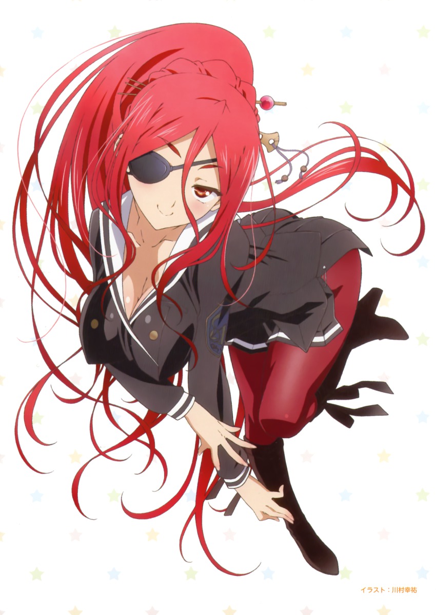 10s, 1girl, ass, blush, breasts, cleavage, eyepatch, from_above