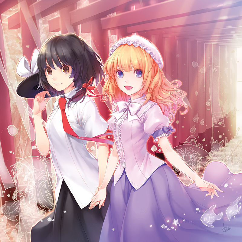 2girls, bad_id, bad_pixiv_id, blonde_hair, blue_eyes, bow, brown_eyes, brown_hair