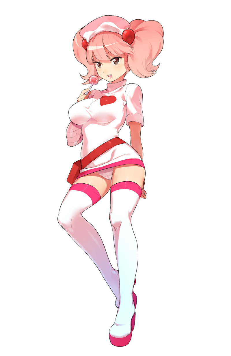 1girl, bandages, belt, belt_pouch, bemani, boots, breasts, candy, dress, female_focus, food, hair_bobbles, hair_ornament, headdress, heart, highres, large_breasts, lollipop, milk, milk_(pop'n_music), naso4, nurse, original, panties, pantyshot, personification, pink_hair, platform_boots, platform_footwear, pop'n_music, pouch, saliva, saliva_trail, short_dress, short_twintails, solo, thigh_boots, thighhighs, twintails, underwear, white_dress, white_panties, white_thighhighs