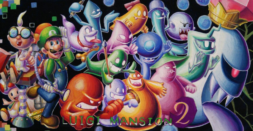 3boys, blue_eyes, bone, boo_(mario), brown_hair, coke-bottle_glasses, collar, creeper_(luigi's_mansion)