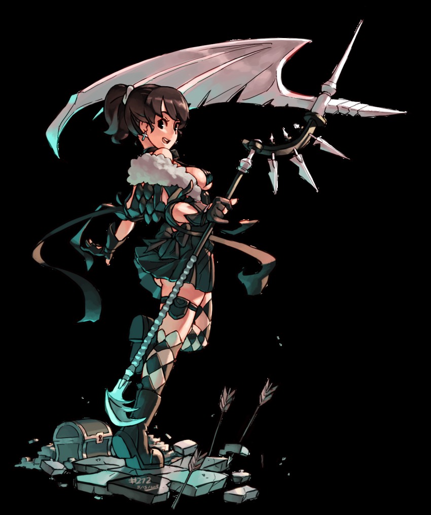 1girl, argyle_clothes, argyle_socks, arrow_(projectile), ass, bare_shoulders, boots, breasts, brown_eyes, brown_hair, checkered_clothes, checkered_legwear, choker, cross, cross_earrings, earrings, evy_(mabinogi), female_focus, fingerless_gloves, from_behind, full_body, gloves, highres, huge_weapon, jewelry, junkpuyo, kneehighs, mabinogi, mabinogi_heroes, md5_mismatch, medium_breasts, patterned_legwear, pectorals, pleated_skirt, ponytail, ribbon, scythe, short_ponytail, sideboob, skirt, smile, socks, solo, transparent_background, treasure_chest, underboob, weapon