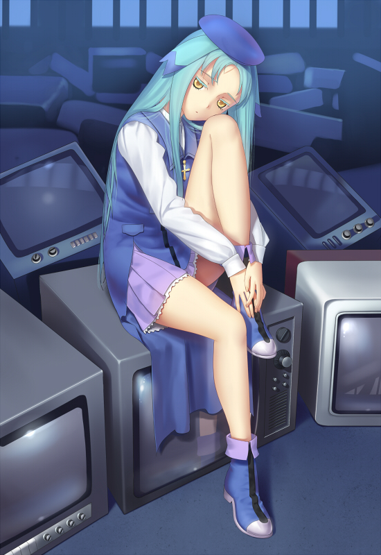 1girl, :<, animal_ears, blue_hair, boots, character_request, cross, female_focus