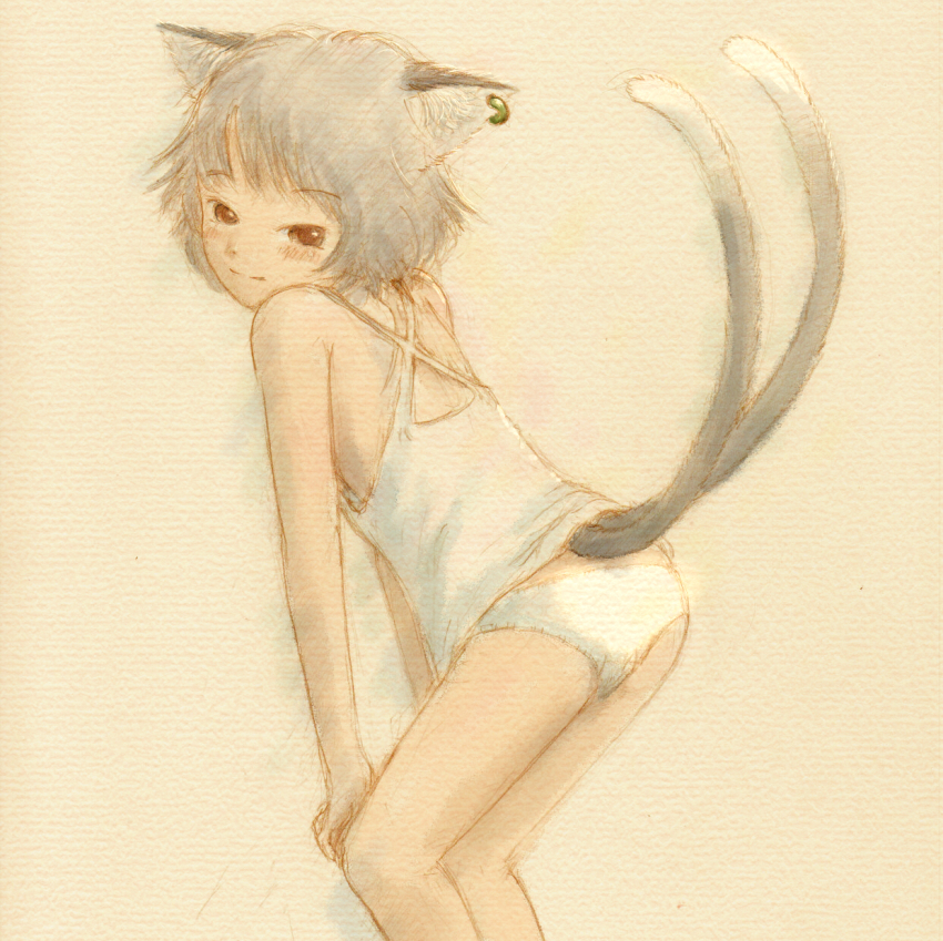 1girl, animal_ears, bad_id, bad_pixiv_id, blush, camisole, cat_ears, cat_girl, cat_tail, chemise, chen, earrings, female_focus, highres, jewelry, leaning_forward, looking_back, multiple_tails, missing_headwear, no_headwear, panties, saraband, short_hair, solo, tail, touhou, traditional_media, underwear, white_panties