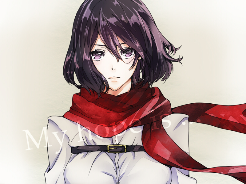 bad_id, bad_pixiv_id, black_hair, chiriko, english_text, hair_between_eyes, mikasa_ackerman, purple_eyes, scarf, shingeki_no_kyojin, short_hair