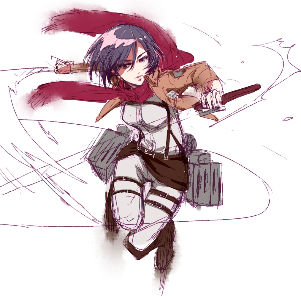 1girl, bad_id, bad_pixiv_id, belt, black_eyes, black_hair, boots, dual_wielding