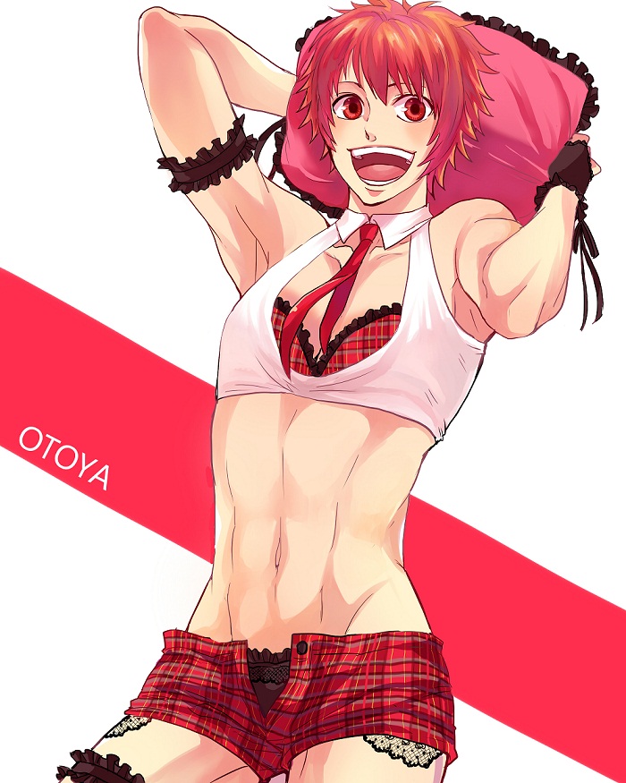 10s, 1boy, bra, character_name, crossdressing, crossdressing_(mtf), daishou_(hirotoxxx), ittoki_otoya, male_focus, midriff, navel, necktie, open_mouth, pillow, red_eyes, red_hair, short_hair, smile, solo, underwear, uta_no_prince-sama