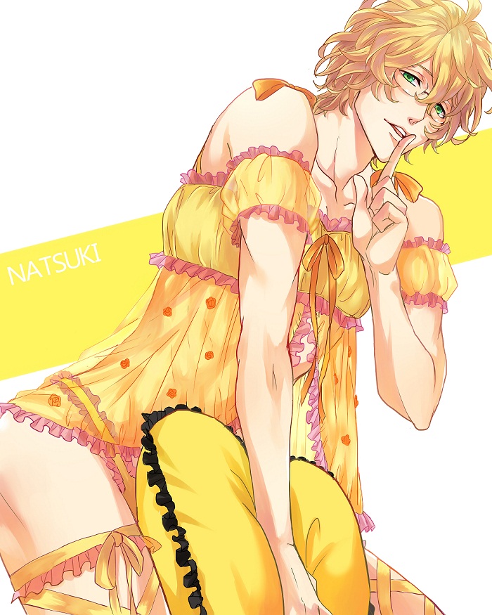 10s, 1boy, babydoll, blonde_hair, character_name, crossdressing, crossdressing_(mtf), daishou_(hirotoxxx), glasses, green_eyes, lingerie, male_focus, pillow, shinomiya_natsuki_(uta_no_prince-sama), short_hair, solo, underwear, uta_no_prince-sama