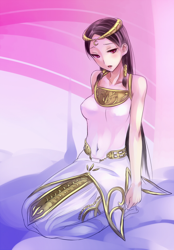 1girl, ancient_egyptian, black_hair, blush, breasts, brown_hair, dress, duel_monster
