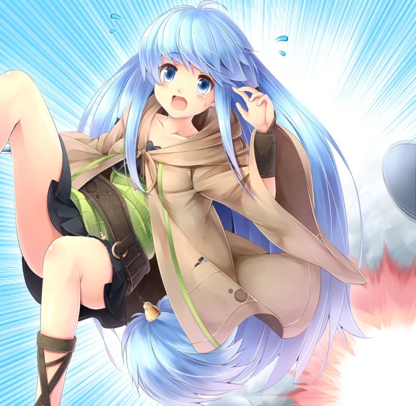 1girl, bad_id, bad_pixiv_id, belt, blue_eyes, blue_hair, blush, coat, collarbone, commentary_request, compulsory_evacuation_device, dress, duel_monster, eria_(yu-gi-oh!), eria_the_water_charmer, explosion, female_focus, flying_sweatdrops, komimiyako, long_hair, matching_hair/eyes, pinafore_dress, robe, sidelocks, skirt, sleeveless, sleeveless_dress, solo, sweat, very_long_hair, yu-gi-oh!