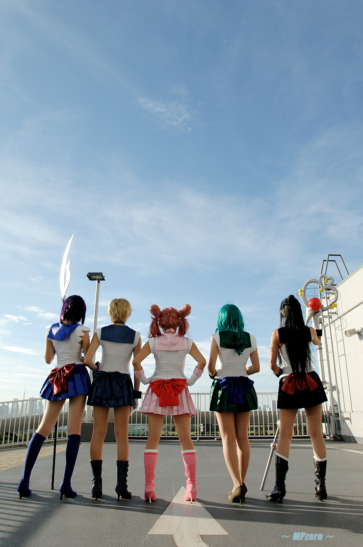 5girls, bare_legs, bishoujo_senshi_sailor_moon, bishoujo_senshi_sailor_moon_s, boots, chibi_usa, cloud, cosplay, east_asian, from_behind, hands_on_own_hips, kaiou_michiru, meiou_setsuna, miasa, miniskirt, mio_(cosplayer), multiple_girls, namada, outdoors, pantyhose, photo_(medium), pleated_skirt, rou_(cosplayer), sailor, sailor_chibi_moon, sailor_chibi_moon_(cosplay), sailor_neptune, sailor_neptune_(cosplay), sailor_pluto, sailor_pluto_(cosplay), sailor_saturn, sailor_saturn_(cosplay), sailor_uranus, sailor_uranus_(cosplay), saya_(cosplayer), school_uniform, serafuku, skirt, sky, ten'ou_haruka, tomoe_hotaru
