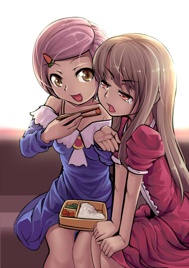 2girls, :d, bare_shoulders, blonde_hair, carrot, chopsticks, dress, feeding