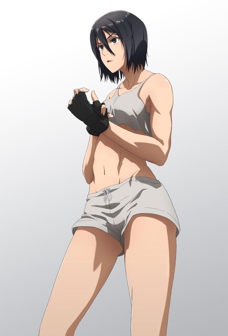 1girl, bad_id, bad_pixiv_id, black_eyes, black_hair, female_focus, gloves, mikasa_ackerman