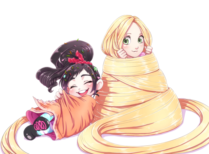 2girls, absurdly_long_hair, black_hair, blonde_hair, company_connection, crossover, disney, green_eyes, karato, long_hair, multiple_girls, ponytail, rapunzel_(disney), rapunzel_(fairy_tale), smile, tangled, vanellope_von_schweetz, very_long_hair, white_background, wreck-it_ralph