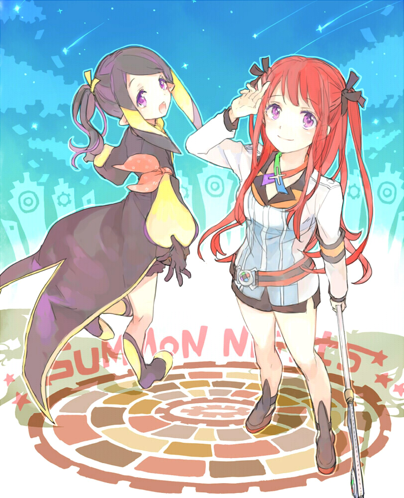 2girls, arca_(summon_night), aruka, bad_id, bad_pixiv_id, belt, black_hair, blonde_hair