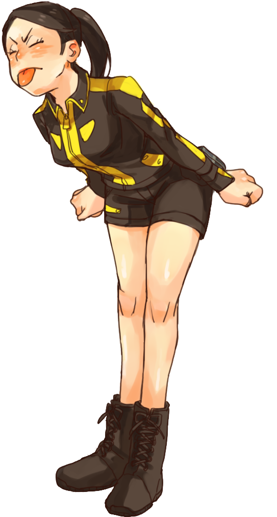 1girl, :p, animification, bad_id, bad_pixiv_id, closed_eyes, kanka, long_hair, ponytail, shorts, super_sentai, tokumei_sentai_go-busters, tongue, tongue_out, usami_youko