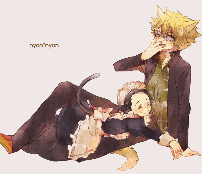 1boy, 1girl, animal_ears, black_hair, blonde_hair, brother_and_sister, cat_ears, cat_tail