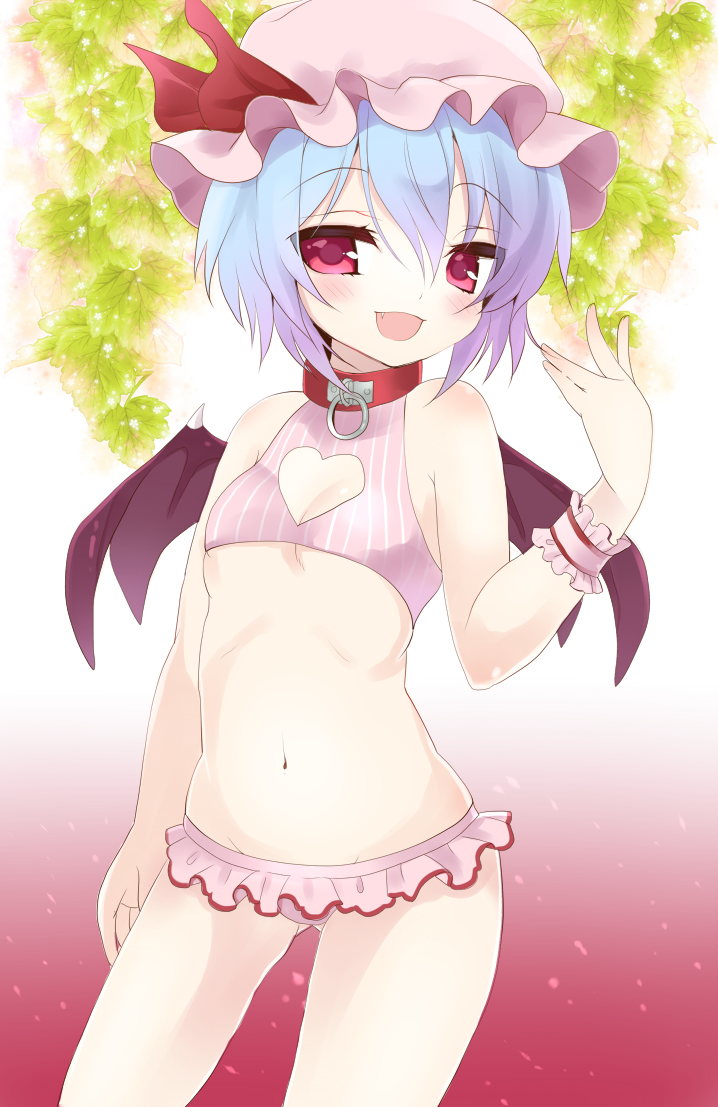1girl, bat_wings, bikini, blue_hair, choker, clothing_cutout, fang, female_focus, flat_chest, hat, heart, heart_cutout, kokorominton, light_purple_hair, navel, open_mouth, pink_bikini, pinstripe_pattern, red_eyes, remilia_scarlet, short_hair, smile, solo, striped, swimsuit, touhou, wings, wrist_cuffs