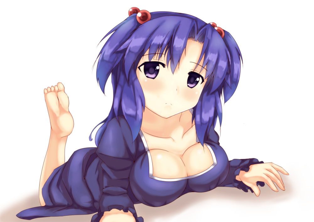 00s, 1girl, barefoot, blue_hair, breasts, clannad, cleavage, dress, feet, fuyuki8208, hair_bobbles, hair_ornament, ichinose_kotomi, long_hair, lying, on_stomach, purple_eyes, short_twintails, soles, twintails, two_side_up
