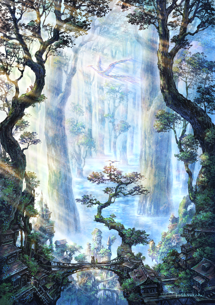 artist_name, bird, bridge, forest, house, light_rays, nature, original