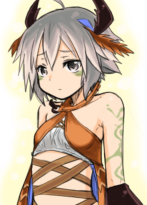 1girl, choutako, detached_sleeves, duel_monster, female_focus, grey_eyes, grey_hair, horns