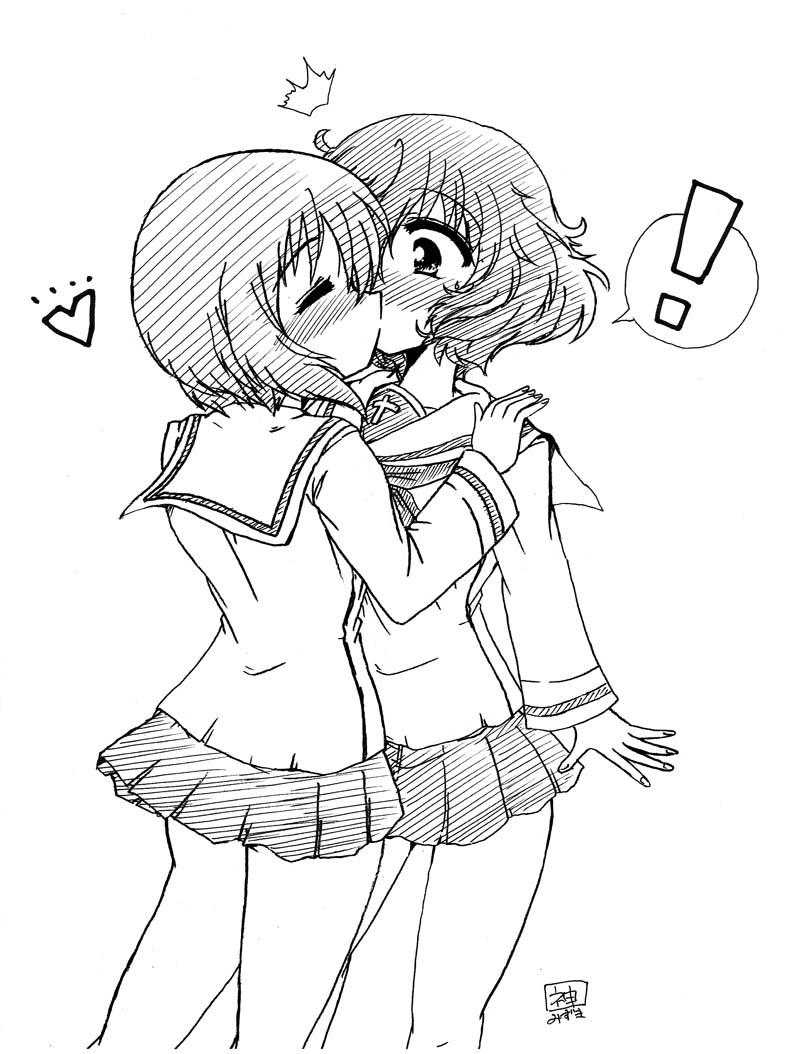 !, 10s, 2girls, akiyama_yukari, blush, girls_und_panzer, greyscale, heart, kamihara_mizuki, kiss, monochrome, multiple_girls, nishizumi_miho, ooarai_school_uniform, school_uniform, serafuku, short_hair, skirt, translation_request, yuri