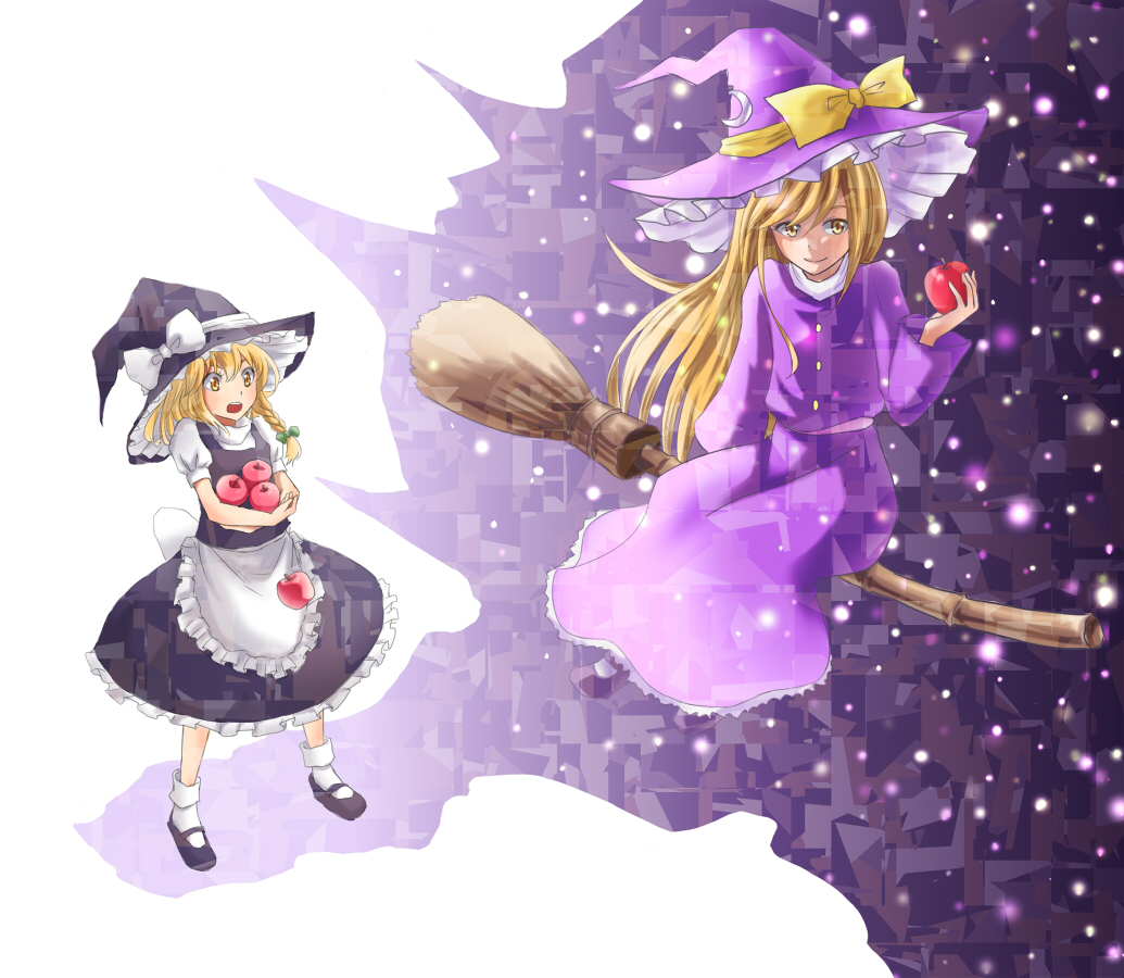 1girl, apple, apron, blonde_hair, bobby_socks, bow, braid, broom