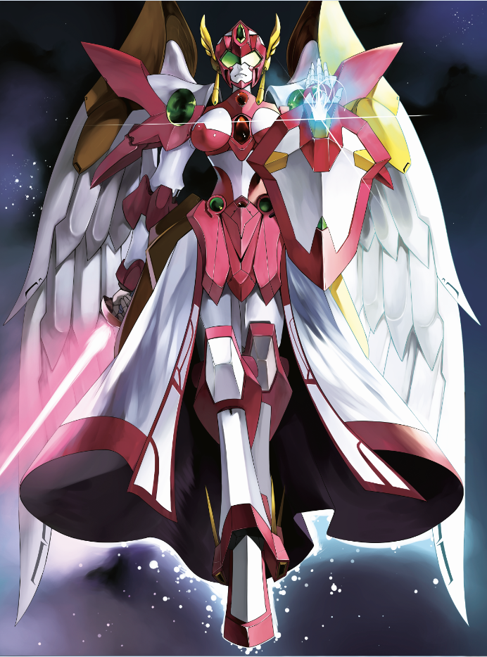 angel_wings, angelg, banpresto, breasts, dr.wolf, energy_sword, glowing, head_wings, mecha, mecha_girl, no_humans, rapier, robot, shield, skirt, solo, super_robot_wars, super_robot_wars_advance, super_robot_wars_advance_portable, super_robot_wars_original_generation, sword, weapon, wings