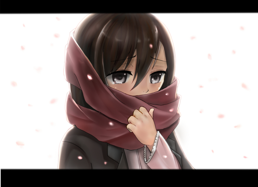 1girl, black_eyes, black_hair, female_focus, jacket, letterboxed, mikasa_ackerman, mogupuchi