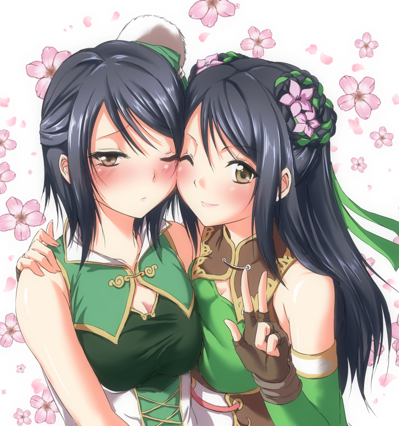 2girls, asymmetrical_docking, black_hair, breast_press, brown_eyes, cheek-to-cheek, detached_sleeves, face-to-face, fingerless_gloves, flower, gloves, guan_yinping_(shin_sangoku_musou), hair_flower, hair_ornament, heads_together, long_hair, multiple_girls, one_eye_closed, shin_sangoku_musou, shin_sangoku_musou_7, short_hair, smile, upper_body, v, wink, xingcai_(shin_sangoku_musou), yamamoto_arifred, yuri