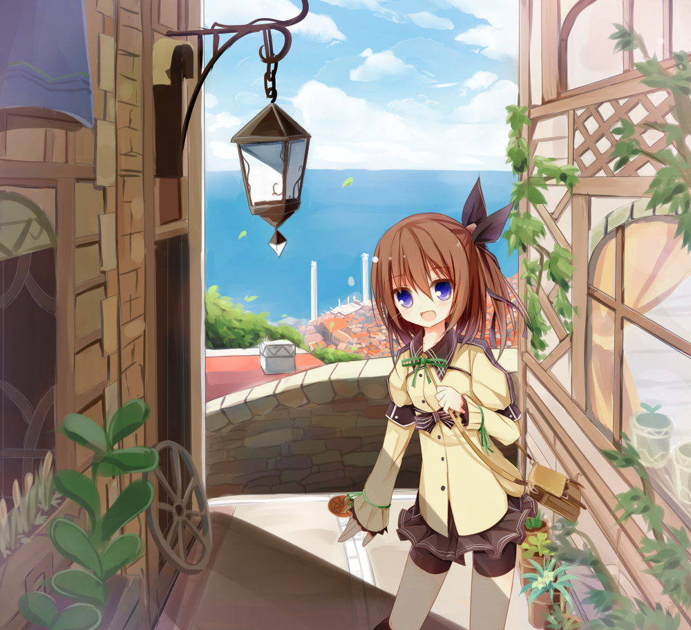 1girl, bag, blue_eyes, brown_hair, building, female_focus, hair_ribbon, lucena_winter, ocean, open_mouth, original, plant, potted_plant, ribbon, short_hair, shorts, shorts_under_skirt, shoulder_bag, side_ponytail, skirt, smile, solo, wheel, yuuhagi_(amaretto-no-natsu)