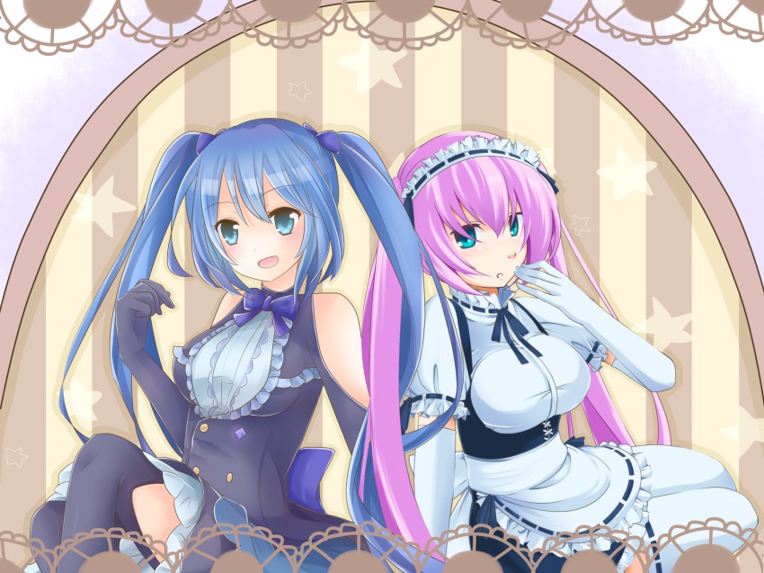 2girls, artist_collaboration, bad_id, bad_pixiv_id, blue_hair, bow, bowtie, dress