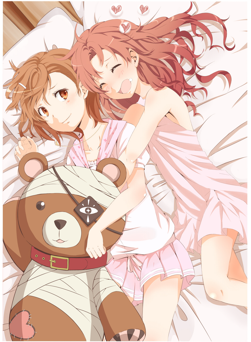 2girls, bad_id, bandages, bare_arms, bed, brown_hair, collar, collarbone, dress, eyepatch, closed_eyes, hair_ornament, hairclip, heart, highres, hug, jewelry, leash, long_hair, lying, misaka_mikoto, multiple_girls, necklace, neko_suke, on_bed, on_side, pillow, pink_dress, puffy_sleeves, shirai_kuroko, shirt, short_sleeves, skirt, sleeveless, sleeveless_dress, smile, stuffed_animal, stuffed_toy, teddy_bear, toaru_kagaku_no_railgun, toaru_majutsu_no_index, yuri