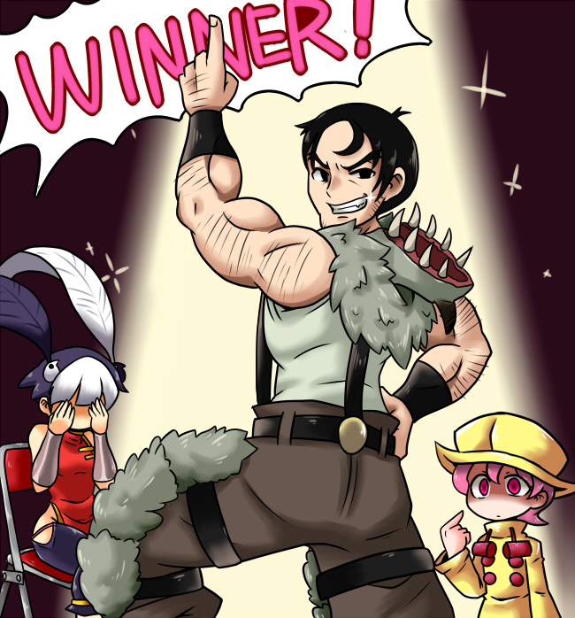 1boy, 2girls, animal, animal_on_head, arm_hair, aruse_yuushi, beowulf_(skullgirls), bird