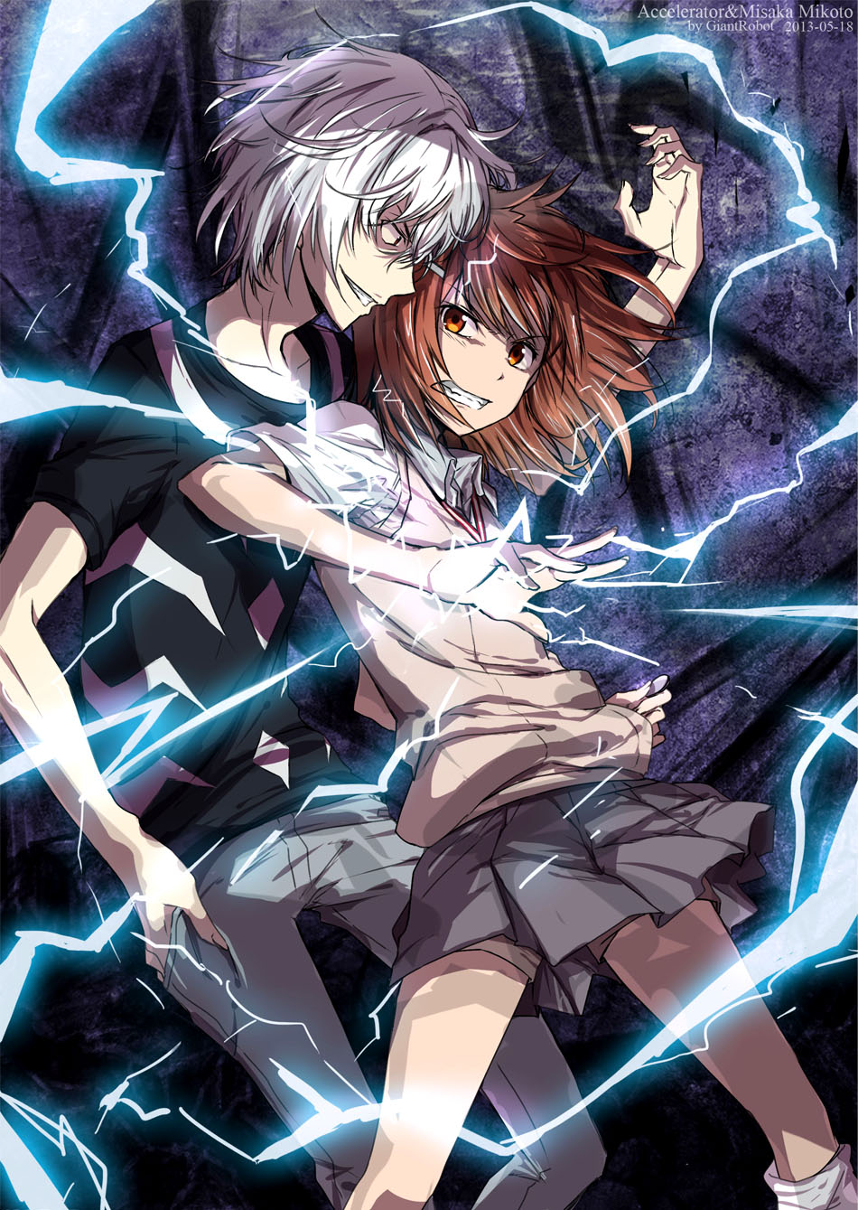 1boy, 1girl, accelerator_(toaru_majutsu_no_index), action, bad_id, bad_pixiv_id, brown_eyes, brown_hair