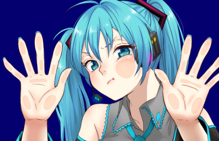 1girl, against_glass, aqua_eyes, aqua_hair, cheek_squash, detached_sleeves, female_focus, fourth_wall, hatsune_miku, headset, mogggggge, necktie, solo, twintails, vocaloid