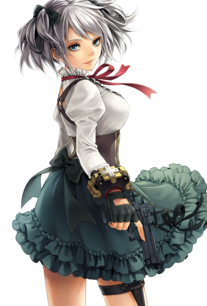 10s, 1girl, back, bad_id, bad_pixiv_id, beretta_92, black_gloves, bow