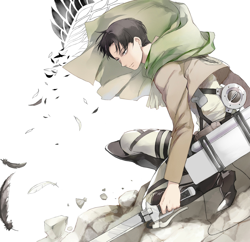 1boy, 9room, bad_id, bad_pixiv_id, black_eyes, black_hair, boots, eren_yeager, feathers, jacket, levi_(shingeki_no_kyojin), male_focus, shingeki_no_kyojin, short_hair, solo, three-dimensional_maneuver_gear