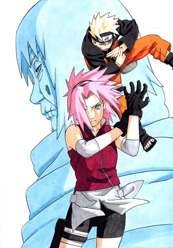 1boy, 2girls, bike_shorts, blonde_hair, chiyo_(naruto), cleaned, detached_sleeves, gloves